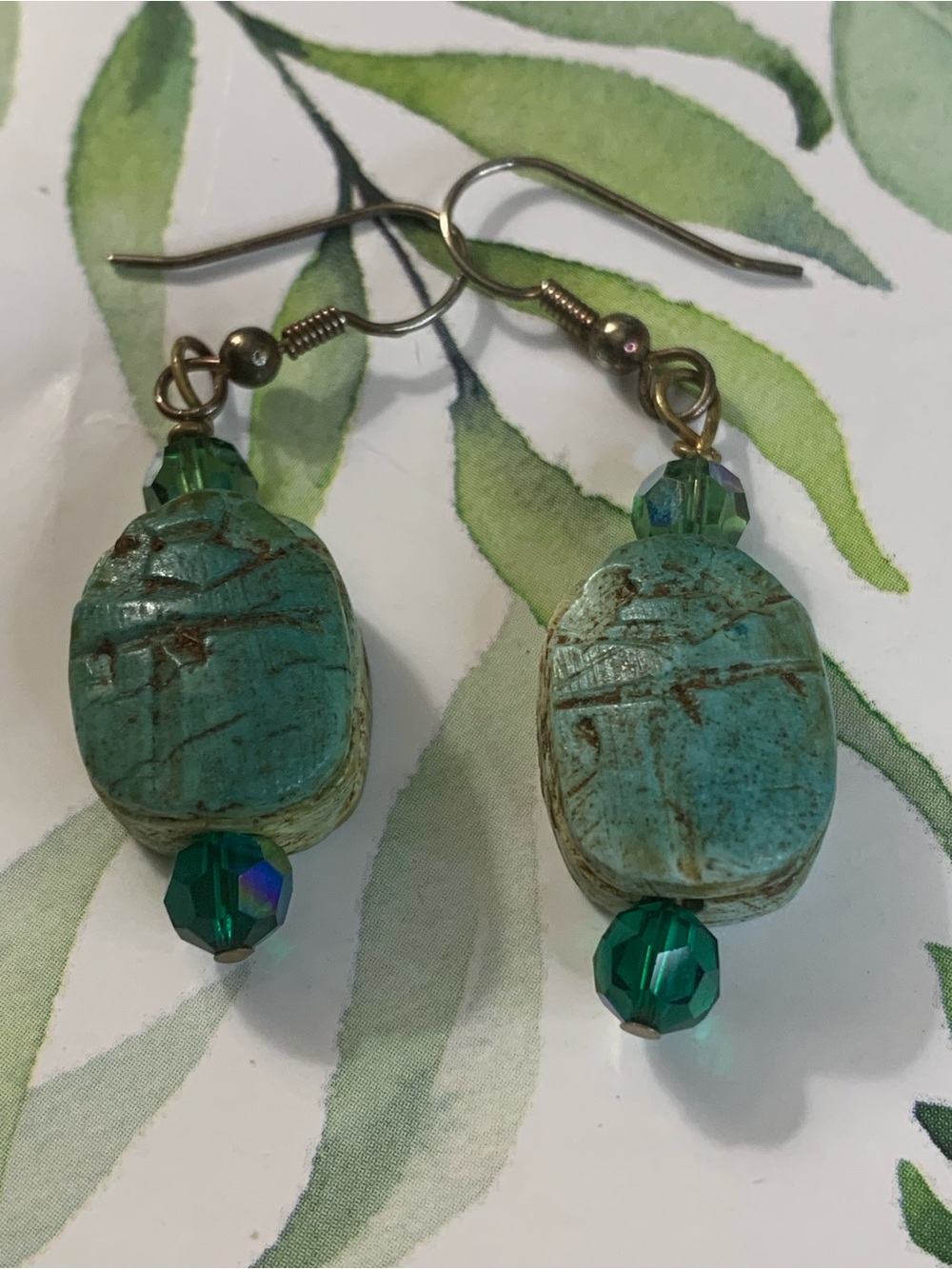 Vintage Scarab Beetle Turquoise Green Stone Dangle Earrings - Unbranded